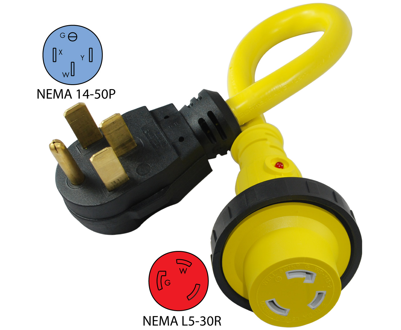 Plugrand 50 Amp Male NEMA 14-50P to 30 Amp Female NEMA L5-30R Locking Adapter，RV 50A Adapter 14-50P Male to Shore Power 30A L5-30R Female with Locking Ring