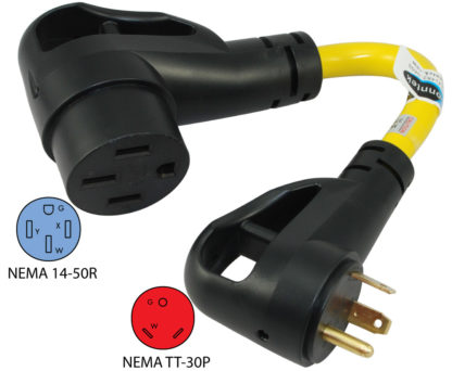 NEMA TT-30P to NEMA 14-50R Pigtail Adapter With Easy Grip Handles and LED Power Indicator Lights