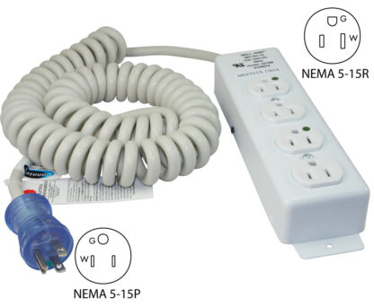 NEMA 5-15P to (4) NEMA 5-15R Hospital Power Strip With Coiled Cord