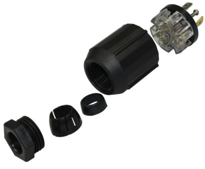 (L-R) Compression Nut, Helix Cone, Grommet/Gasket, Body Housing, & Wire Terminals