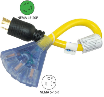 NEMA L5-20P to (3) NEMA 5-15R Pigtail Adapter