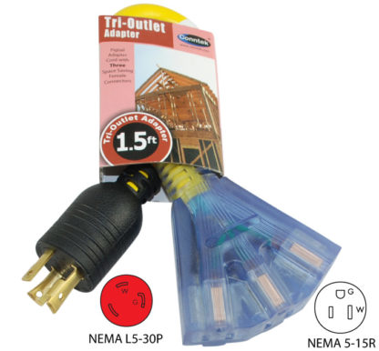 NEMA L5-30P to (3) NEMA 5-15R Pigtail Adapter in Product Packaging
