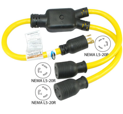 NEMA L5-20P to (2) NEMA L5-20R Y-Adapter
