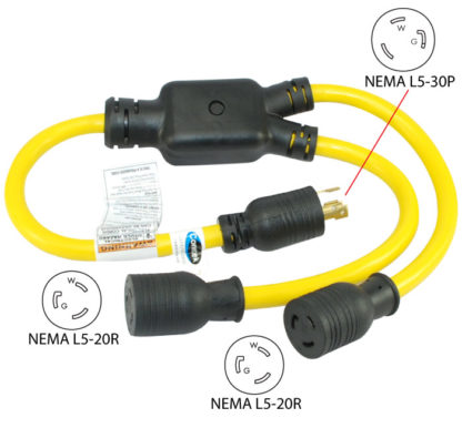 NEMA L5-30P to (2) NEMA L5-20R Y-Adapter