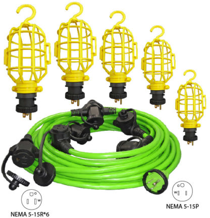 NEMA 5-15P to (6) 5-15R Power Extension Cord With 5 Hanging Light Cages