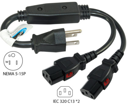 NEMA 5-15P to (2) IEC C13 Push Lock Female Connectors