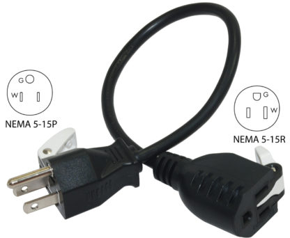 NEMA 5-15P to NEMA 5-15R Outlet Extenders With Snap Pop Easy Release Ends